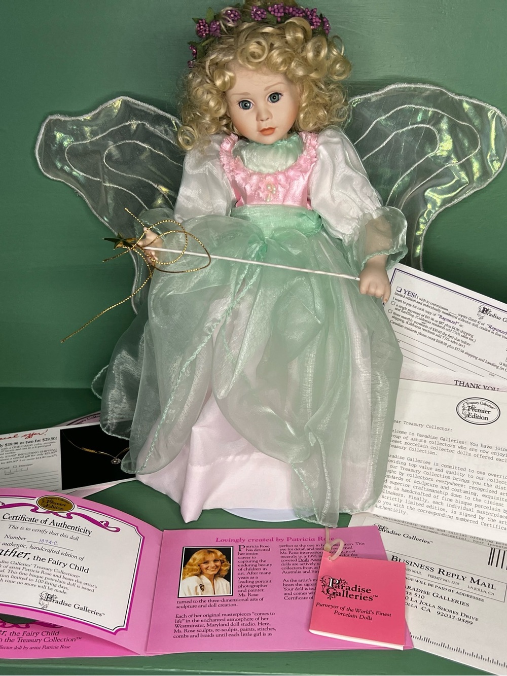 Paradise Galleries Porcelain Fairy Doll in Mint Green and Pink